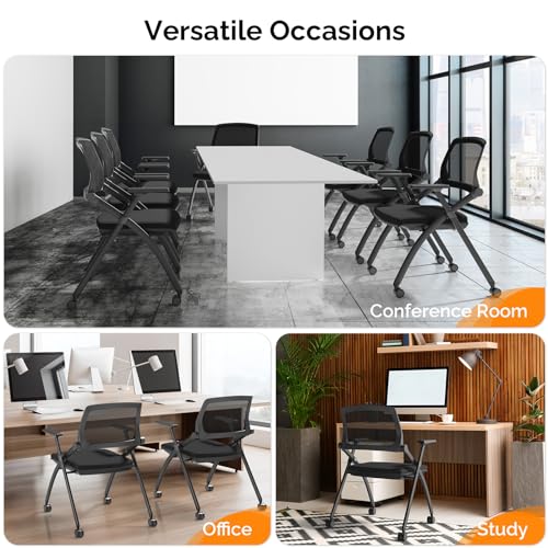 VINGLI 4 Pack Stackable Conference Room Chairs with Wheels, Folding Office Chair with Rebound Back, Padded Seat for Training Room, Guest, Reception, Event, Capacity 350lbs, Black - size: 4 Pack