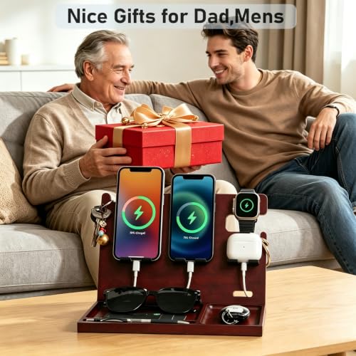 USB Charging Station for Multiple Devices Wood Phone Docking Station with QC3.0 & PD 22.5W Type c Charger Fast Charging for iPhone Samsung Google Andriod Smart Watch Earbuds Gifts for Men - color: Brown