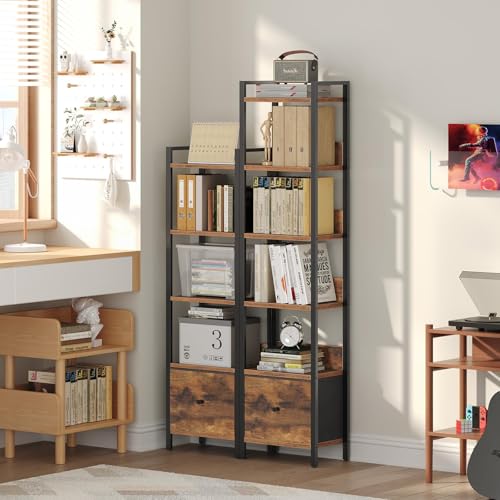 MAHANCRIS Bookshelf, 6-Tier Bookcase with Drawer, Small Book Shelf for Small Space, Storage Shelf Organizer, for Living Room, Bedroom, Study, Kitchen, Rustic Brown and Black BKHR66101 - color: Rustic Brown, size: 6 Tier