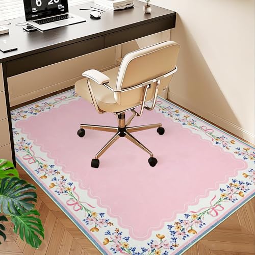 Office Chair Mat for Hardwood/Tile Floor, 36"x48"Desk Chair Mat for Rolling, Non Slip Under TPR Backing Low-Pile Rug(Pink Bow Flower EA) - color: Pink Bow Flower Ea