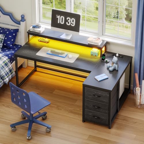 EnHomee 55" L Shaped Gaming Desk with 3 Storage Drawers & LED for Bedroom - color: Black, size: 55 Inch