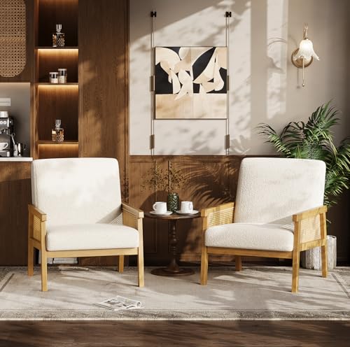 Garvee Boucle Accent Chair, Rattan Armchair with Wooden Frame, High Back, Upholstered Reading Chair Leisure Chairs for Living Room Bedroom Waiting Room Reception, White - color: Boucle, White