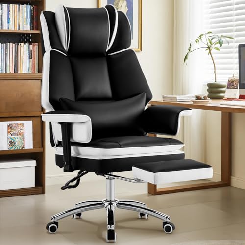 Heavy Duty Office Chair with Footrest High Back, PU Leather Office Chair with with Adjustable Lumbar Support, Reclining Computer Desk Chair with Adjustable Height, Adjustable Armrests, Black White - color: Black&white