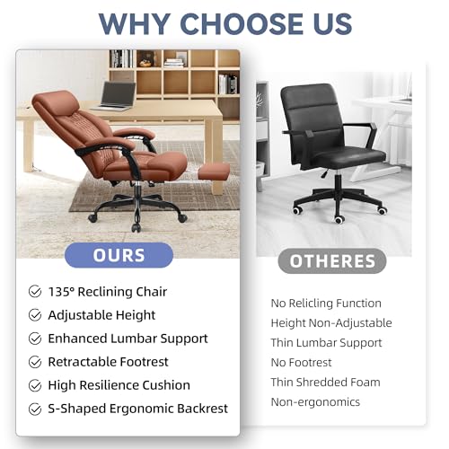 Office Chair, Big and Tall Office Desk Chair, Reclining Office Chair with Footrest Home Office Desk Chairs, High Back Ergonomic with Lumbar Support, Executive Leather - color: Brown, style: With Footrest