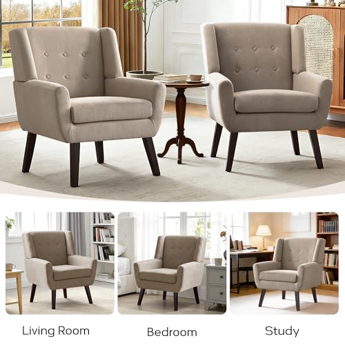 HUIMO Living Room Chairs Set of 2,Upholstered Button Linen Accent Chair | Mid Century Fabric Modern Armchair,Comfy Arm Club Sofa Chairs for Living Room Reading Bedroom,Waiting Room Khaki 2PCS - color: Khaki
