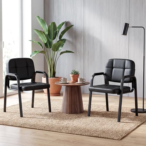GIANTEX Waiting Room Guest Chairs Set of 2, Leather Office Reception Chairs with Padded Armrests, Metal Frame, Stationary Side Chairs No Wheels for Conference Meeting Lobby Home, Black
