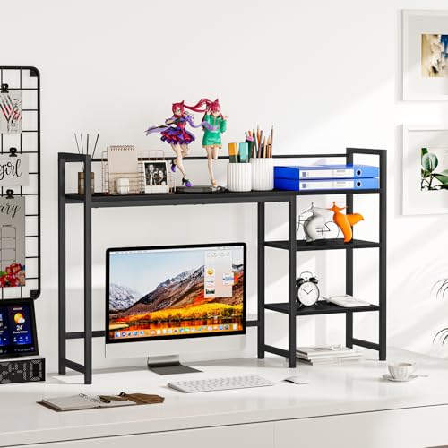 Snughome Desk Shelf, 44.9" Large Desktop Organizer Shelf, Desk Hutch for Monitor, 4 Tier Display Rack, Wooden Desktop Bookshelf Storage Rack for Home Office Dorm - color: Black, size: 44.9"