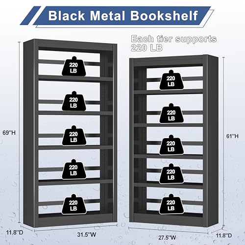 5-Tier Metal Bookshelf, 69″ Heavy-Duty Bookcase, Adjustable Sturdy Shelves - color: Black, size: 31.5"W