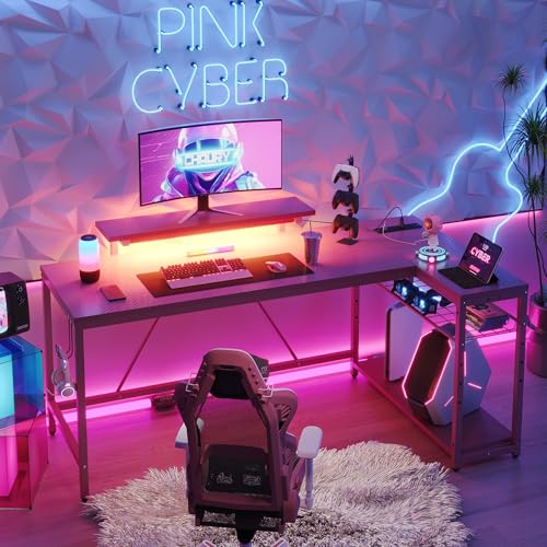 Bestier L Shaped Gaming Desk with Power Outlets,58 LED Small Corner Desk with Reversible Storage Shelves,Pink Computer Desk with Headset Hooks Desk for Living Room and Dormitory