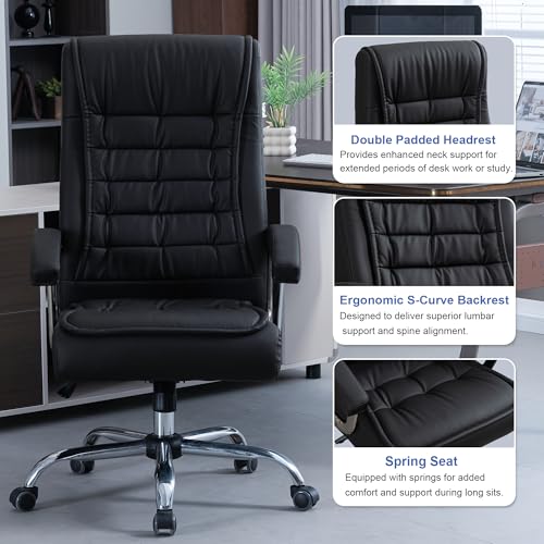 Executive Office Chair Adjustable Leather Chair, High Back Swivel Office Desk Chair with Padded, Armrest 350lbs Load-Bearing Spring Seat Computer Desk Chair for Home Office, Black - color: Black