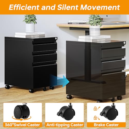 STANI 3 Drawer Mobile File Cabinet with Lock Rolling Mobile File Cabinet Locking Office Mobile Cabinet with Wheels Under Desk Office Drawers Metal Filing Cabinet Fully Assembled - color: Black, size: 3 Drawers-Fully Assembled