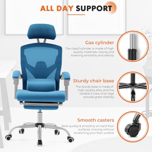 Sweetcrispy Ergonomic Office Desk Chair, Swivel Computer Chair | High-Back Mesh, 360° Rolling Work, Comfy Arms, Home Office Bedroom Study Student, Blue - color: Blue