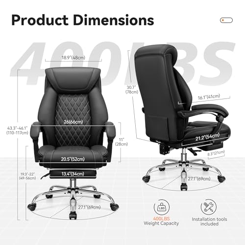 Office Chair, Executive Leather Chair Adjustable High Back, Ergonomic Computer Desk Chair Lumbar Support, Big and Tall Office Chair with Footrest, Comfy Reclining Chair for Home Office - color: Black, style: With Footrest