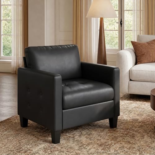 Black Accent Chairs Set of 2, Faux Leather Living Room Chair | STHOUYN, Mid-Century Modern, Tufted Armrest and Seat, Cozy, Office, Reading, Waiting Room, Bedroom - color: Black, size: 2