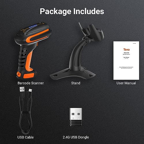Tera Barcode Scanner Wireless with Stand: Industrial Drop-Resistant Orange | IP66, BT 2.4G USB, 640*480 CMOS Global, 1D 2D QR Reader, 650 Scans/Sec, 2500mAh, Warehouse Logistics Retail Library School
