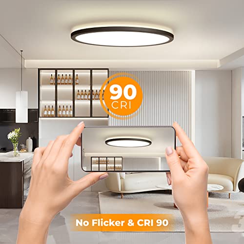 BLNAN LED Flush Mount Ceiling Light Fixture with Remote Control, 15.4 Inch 3000K-6500K Dimmable Round Low Profile Ceiling Lamp for Living Room Bedroom Kitchen - color: Black, size: 15.4 inches