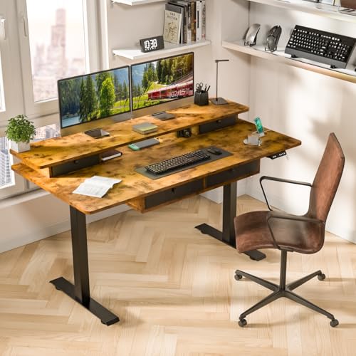 Kingant Electric Standing Desk with 4 Drawers, Height Adjustable 63"x 30" - color: Rustic Brown, size: 63" x 30"
