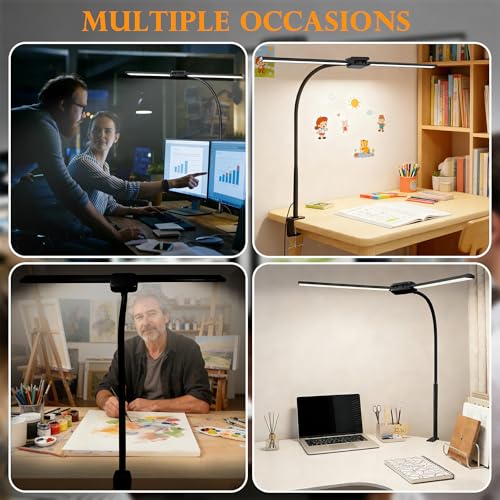 LED Desk Lamp for Home Office, Double Head Computer Monitor Light with Clamp, 5 Color Modes and 3 Brightness Levels, Long Flexible Goose-Neck, USB Eye-Caring Clip on Lights for Reading, Black - style: Double Tubes Lamp