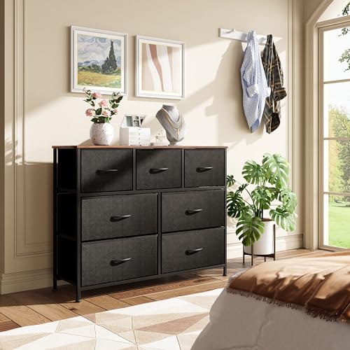 WLIVE 7 Drawer Dresser TV Stand, Entertainment Center, Media Console Table with Metal Frame and Wood Top for TV up to 45 inch, Chest of Drawers for Bedroom, Living Room, Black and Rustic Brown - color: Black and Rustic Brown