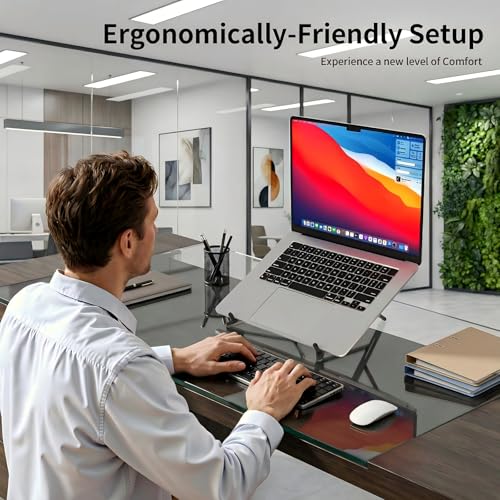 Portable Laptop Stand for Desk, 3-in-1 Adjustable Holder | MagSafe Compatible Foldable Design, 8-Level Height & Angle, Aluminum Alloy, Suitable for 10-16” Laptops (Black) - color: black