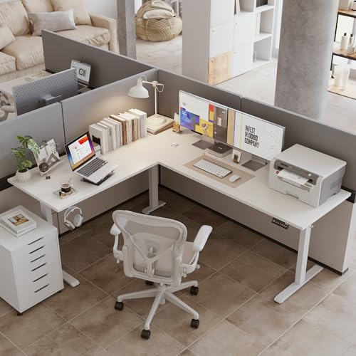 Agilestic 75 x 61 Inch L Shaped Electric Standing Desk, White - color: Pure White, size: 75x61 Inch