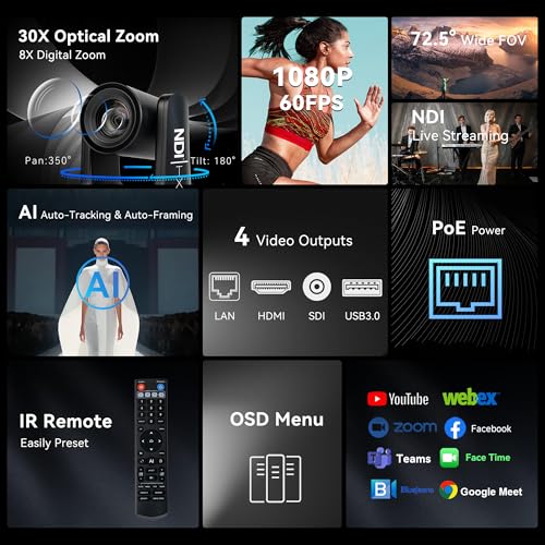 TONGVEO NDI AI Auto-Tracking IP PTZ Camera SDI/HDMI/USB3.0/LAN PoE 30X Optical + 8X Digital Zoom 1080P 60fps for Live Streaming Church Services Education Video Conference with OBS vMix and More - color: Shadow