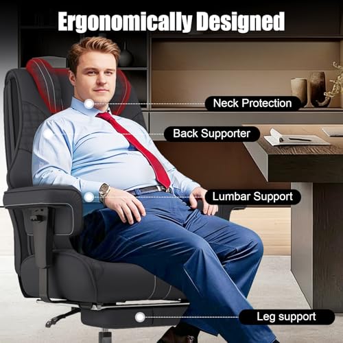 400lbs Big and Tall Office Chair, Wide Ergonomic Leather Executive Chair for Heavy People with Foot Rest, High-Back Reclining Computer Chair with Swivel Wheels and Lumbar Support (Black)