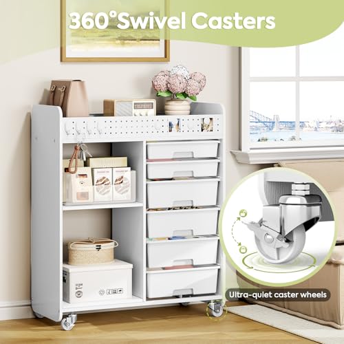 Rolling Craft Cart with 6 Drawers, Pegboard and Locking Wheels White - color: White