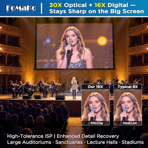 FoMaKo NDI PTZ Camera 30X Optical 16X Digital Zoom, NDI 6 & HX3, 1080P 60fps AI Auto-Tracking/Auto Frame, HDMI 3G-SDI USB3.0 PoE+, LCD IP Display for Live Streaming Church Worship Conference Room-KN30 - color: Deep Black