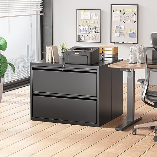 Superday Lateral File Cabinet, 2 Drawer File Cabinet with Lock, Black Filing Cabinets with Lock, Metal Filing Cabinets for Home Office/Legal/Letter/A4, Home Office Furniture for Hanging File