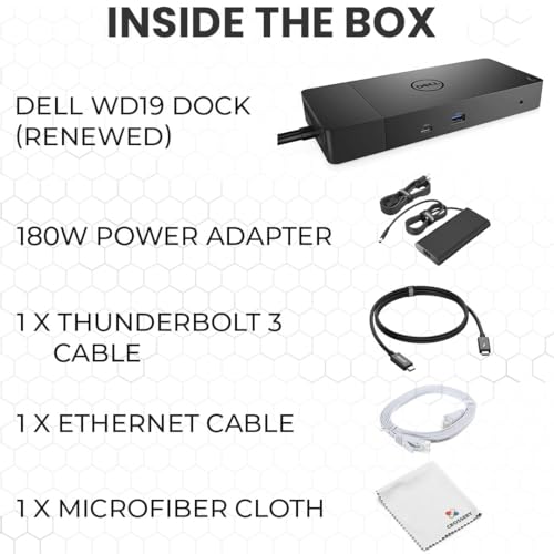 Dell WD19 Docking Station Bundle with USB-C and Dual Monitor Support - Full Package w/Dell WD19 Universal Dock, 180W Power Adapter, Thunderbolt 3 & Ethernet Cable, Cleaning Cloth (Renewed)