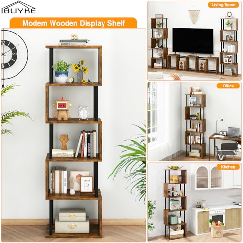 IBUYKE 6-Tier Tall Bookshelf,S-Shaped Geometric Bookcase,Brown WBC016H - color: Rustic Brown, size: 6 Tier