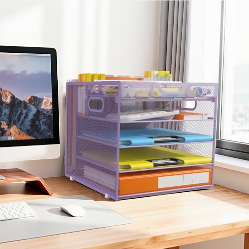 Docnest 5 Tier Desk Organizer with Hanging File Folder Holder&Tray, Purple - color: Purple, size: 12.6" x 11.8" x 10.3"