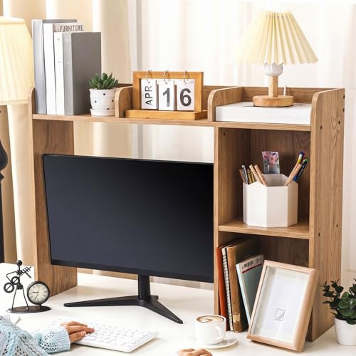 Briwooody Dorm Desk Bookshelf Desk Hutch Organizer with 5 Shelves and 3 Tier Desktop Hutch Storage Organizer for College Dorm Home Office Supply, 32.5 x 23.5 x 8 Inch(Natural) - color: Natural