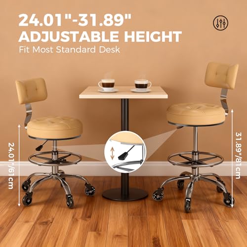 Office Drafting Chair with Footrest, Tall Height Adjustable Stool with Back Support, Heavy Duty Rolling Stool Chair with Wheels for Office Home Kitchen Bar Shop Guitar Studio Vanity, White - color: Beige White