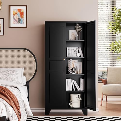 Letaya Metal Pantry Storage Cabinet with Door and Adjustable Shelves,Black - color: Black, size: 14" D x 28" W x 61" H