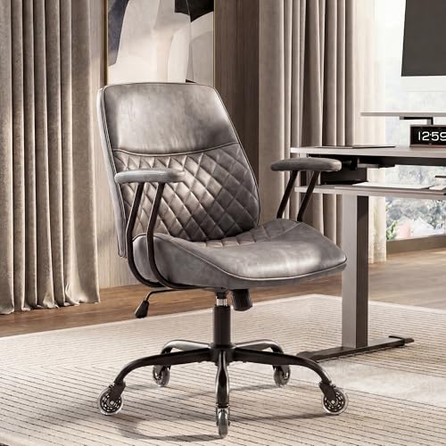 NEO CHAIR Leather Office Chair with Ergonomic Design, Swivel Chair, Grey | Modern Computer Desk Chair with Genuine Leather, Lumbar Support, Removable Arms, Comfy Chair for Home Office, Smooth Rolling - color: D. Mid-back Grey