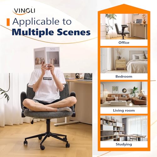 VINGLI Criss Cross Chair with Adjustable Flip-Up Arms,Cross Legged Chair with Wheels, Extra Wide Office Chair,Cozy Desk Chair for Home Office, Vanity, Apartment,Chenille Velvet,Grey - color: Grey