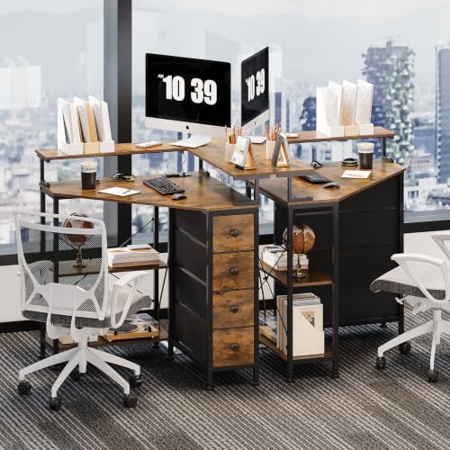 VENNQD Corner Desk with Drawers Shelves for Small Space 90 Degrees Triangle Computer Desk with Power Outlets,Gaming Desk with LED Lights Monitor Stand for Home Office Workstation Writing Table (Brown) - color: Brown