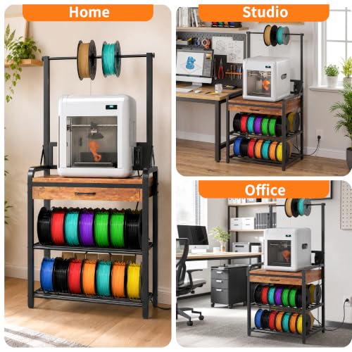 3D Printer Stand with Power Hub and Top Storage Shelf – Heavy Duty X-Bracket Stability, 3-Tier Storage & Tool Organizer for Workshop and Office - color: Brown, size: 29.2" x 23.2" x 59" H