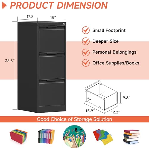 3 Drawer File Cabinet with Lock,Vertical Filing Cabinets for Home Office,Heavy Duty Metal File Cabinet for Hanging A4/Letter/Legal Size File,Vertical File Cabinet 15" W X 17.8" D X 38.3" H-Black - color: Black, size: 3 Drawer-Vertical-15"W