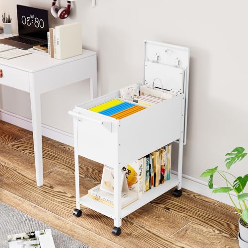 Rolling File Cart with Wheels Hanging Files,Rolling File Cabinet Organizer,Rolling Hanging File Folder Cart on Wheels,Metal Filing Cart,Fit A4/F4/Letter/Legal File for Home Office (White) - color: White