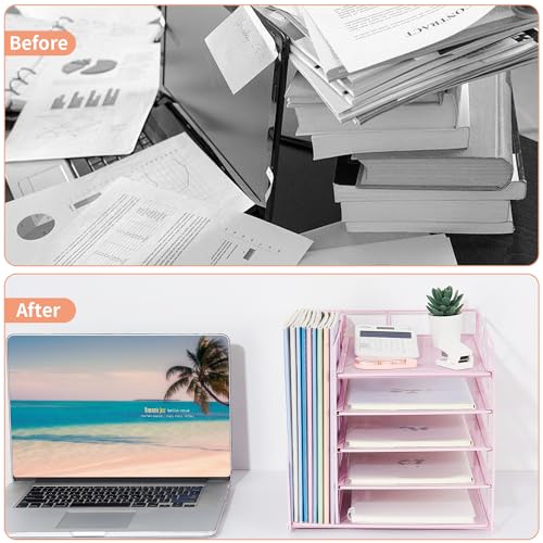 LEKETREE Desk Organizers and Accessories, 5-Tier Paper Letter Tray Organizer with File Holder, Desktop Organizer for Office Supplies (Pink) - color: Pink, size: 12" x 12" x 12"