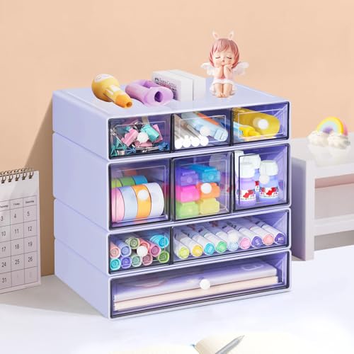 Desk Storage Organizer with 9 Drawers, 4 Tiers Stackable Desktop Craft Storage Drawers, Clear Storage Box Caddy for Stationary Makeup Jewelry Office Craft Supplies (Purple) - color: Purple