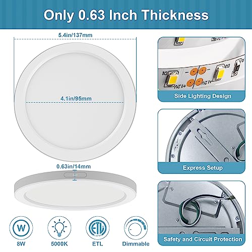 5.4 inch Flush Mount LED Ceiling Light 5000K Daylight, Ultra Slim 0.63" Thick Round Flat Ceiling Lamp 8 Pack Dimmable Small Ceiling Light for Basement, Bedrooms, Kitchen, Bathroom ETL Listed - size: 5 inch-8 Pack