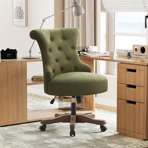 HUIMO Home Office Chair Upholstered Armless Swivel Desk Chair with Wheels | Adjustable Height Computer Desk Chair with Wooden Legs linen Comfortable Swivel Chairs for Farmhouse Study Studio Green - color: Green