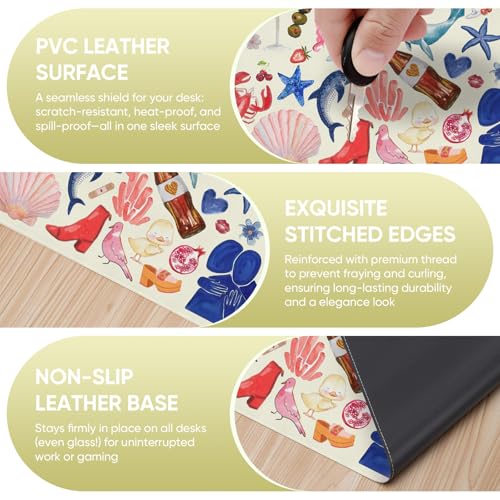 Desk Mat, Leather Desk Pad Blotter Protector, XXL Large Mouse Pad,Computer Laptop Mouse Pads for Desktop,Waterproof Writing Anti-Slip Mousepad for Office and Home I Cream Trendy Stickers - color: Cream Trendy Stickers