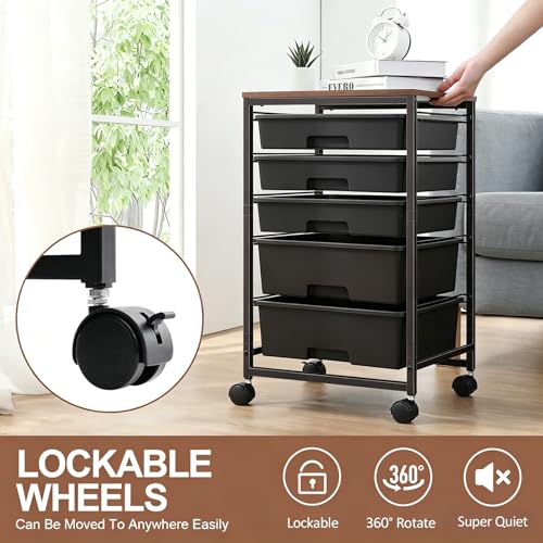 SYKIARIOL 5-Tier Rolling Cart with Drawers with Wooden Top, Black - color: Black