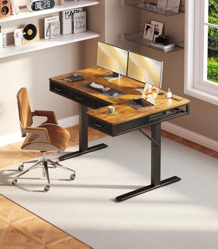 55 Inch L Shaped Electric Standing Desk with 4 Drawers, Rustic Brown | Reversible Corner Table, Office Desk With 4 Drawers and Outlets For Home Office, Computer Workstation And Sit Stand Use - color: Rustic Brown, size: 55 Inch