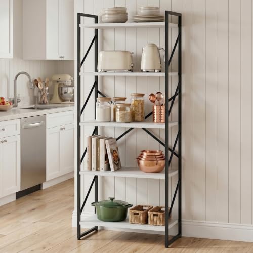 JAMFLY 5 Tiers Bookshelf, Classically Tall Bookcase Shelf,Industrial Book Rack,Modern Book Holder in Bedroom/Living Room/Home/Office, Ivory - color: Ivory